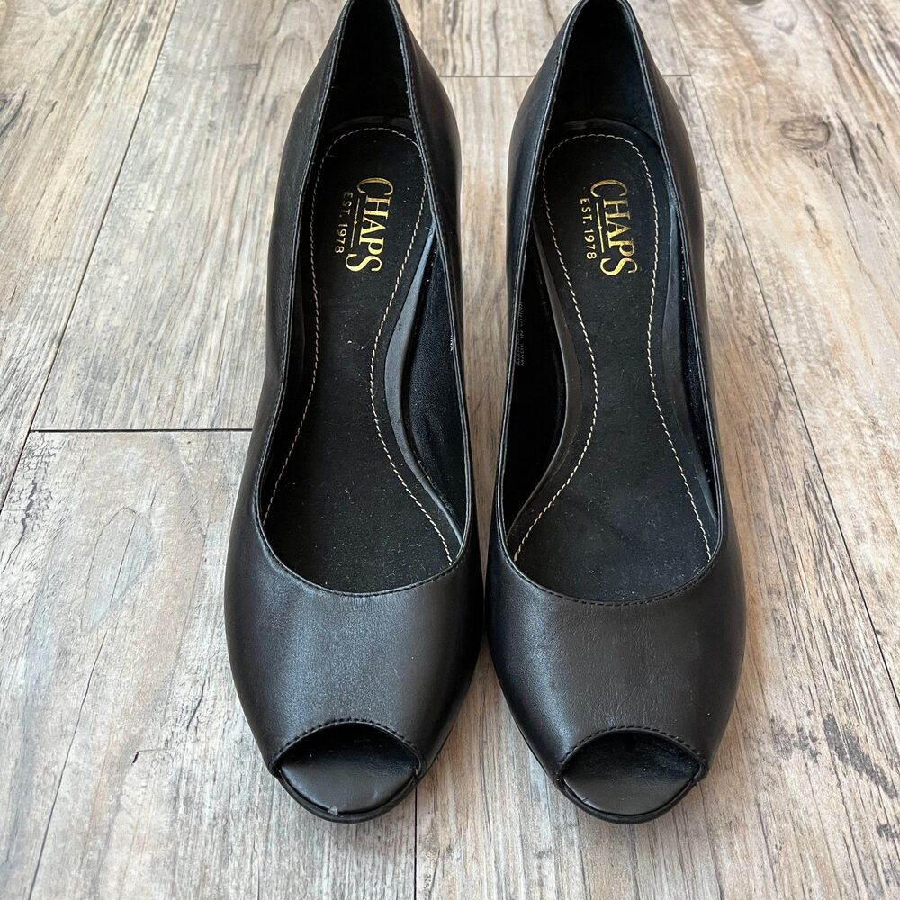 Chaps Vintage Heels Women's 9 Addney Genuine Leather Peep Toe Black 90s